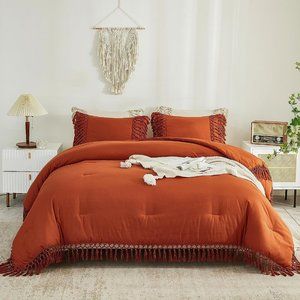 Burnt Orange Boho Tassel Trim Queen Size Comforter Shams Set Rust Bedding New